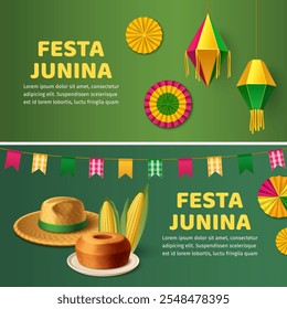 A festive green background featuring decorations for Festa Junina. 