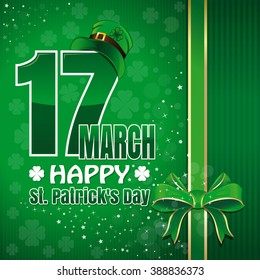 Festive green background to St. Patrick's Day. Abstract festive green background with ribbon and bow for design. Happy holiday. Happy St. Patrick's Day. March 17. Vector illustration.