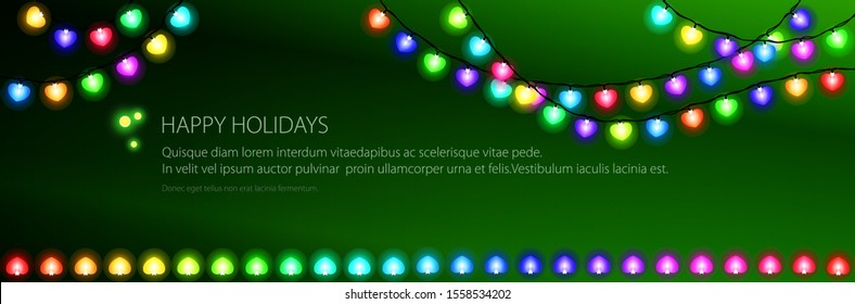 Festive green banner with colorful glowing hearts garlands, merry christmas and winter sale and happy new year concept, vector illustration