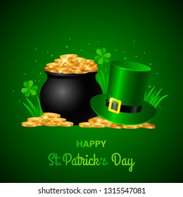 festive green banner or St. Patrick's Day greeting card. Traditional symbols are a pot of gold coins, clover leaves. vector illustration