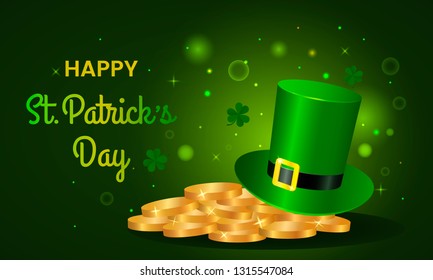 festive green banner or St. Patrick's Day greeting card. Traditional symbols are a pot of gold coins, clover leaves. vector illustration