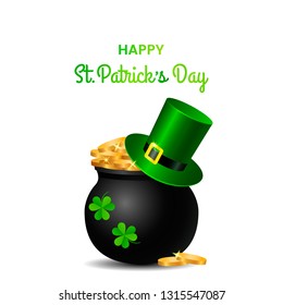 festive green banner or St. Patrick's Day greeting card. Traditional symbols are a pot of gold coins, clover leaves. vector illustration