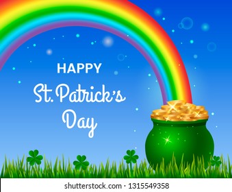 festive green banner or St. Patrick's Day greeting card. Traditional symbols are a pot of gold coins, a rainbow and clover leaves. vector illustration