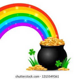 festive green banner or St. Patrick's Day greeting card. Traditional symbols are a pot of gold coins, a rainbow and clover leaves. vector illustration