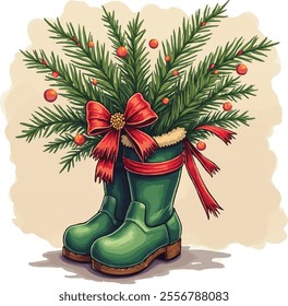 A festive green boot filled with pine tree branches and foliage, capturing the essence of Christmas and the holiday spirit. Perfect for showcasing seasonal decorations and winter vibes.