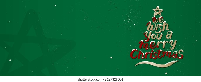 Festive green Christmas background banner with greeting text "we wish you a merry Christmas" in pine tree shape, including copy space, vector illustration design