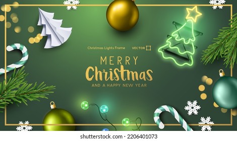 Festive green Christmas celebration background layout with decorations and lights. Vector illustration border frame.