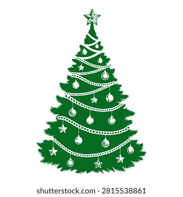A festive green Christmas tree decorated with ornaments, garlands, and topped with a shining star, symbolizing holiday celebration and joy.