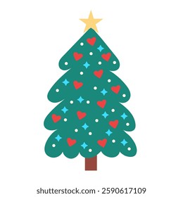 Festive green Christmas tree with ornaments, lights and a golden star,  isolated on white background. Perfect for holiday cards, posters, gift wrapping and seasonal design. Flat, simple, modern
