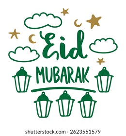 Festive Green Eid Mubarak Design with Clouds and Lanterns