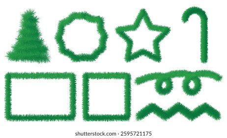 Festive green fir shapes for decorations in the christmas season and new year. Includes a fir tree, circle, star, candy cane, rectangle, square, swirl, and zigzag.