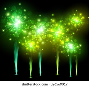 Festive green firework on black background. Vector illustration.