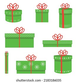 Festive green gift boxes with red ribbons.