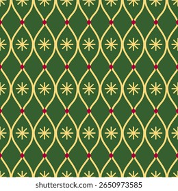 A festive green pattern features golden, leaf-like curves intersecting with small red dots, framing yellow asterisk-like stars