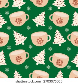 Padrão verde festivo com canecas de Natal e árvores de Natal