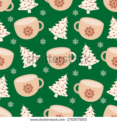 Festive green pattern with holiday mugs and Christmas trees