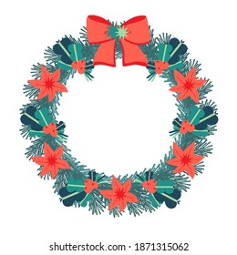 Festive green pine wreath with poinsettia flowers, holly leaves, stars and bow. Retro Christmas decorative garland for cards, banners and printing material.
