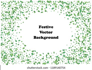 Festive green rectangle confetti background. Abstract frame confetti texture for holiday, postcard, poster, website, carnival, birthday, children's parties. Cover confetti mock-up. Wedding card layout