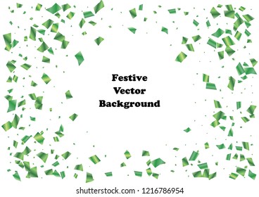 Festive green rectangle confetti background. Abstract frame confetti texture for holiday, postcard, poster, website, carnival, birthday, children's parties. Cover confetti mock-up. Wedding card layout