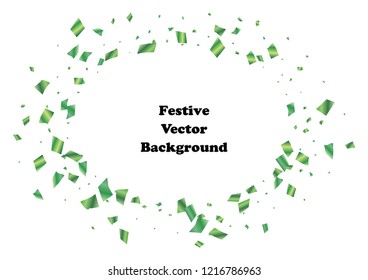 Festive green rectangle confetti background. Abstract frame confetti texture for holiday, postcard, poster, website, carnival, birthday, children's parties. Cover confetti mock-up. Wedding card layout