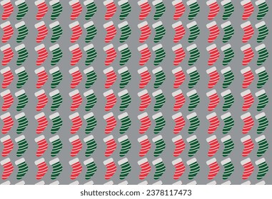Festive Green and Red Christmas Stockings Pattern on Gray Background