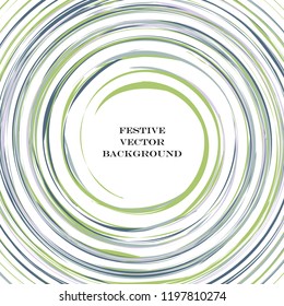 Festive green round line background. Abstract twisted frame linen texture for holiday, postcard, poster, website, carnival, birthday, children's party. Spiral line cover mock-up. Wedding card layout