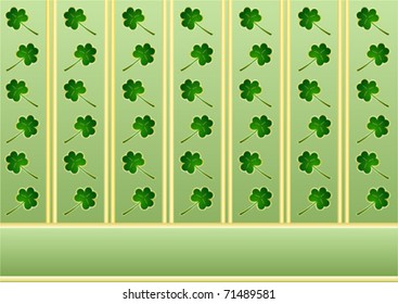 A festive green wallpaper with shamrocks pattern and golden stripes for a St. Patric's day celebration 