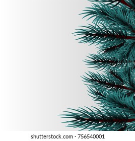 Festive greeting border. Realistic Merry Christmas fairy tale branch blue pine tree template. Xmas mock up vector illustration. Isolated fir banner background. Happy new Year poster frame decoration.