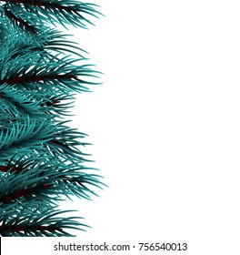 Festive greeting border. Realistic Merry Christmas fairy tale branch blue pine tree template. Xmas mock up vector illustration. Isolated fir banner background. Happy new Year poster frame decoration.