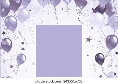 Festive greeting card background in purple hues with balloons and stars, perfect for birthdays and special occasions. Vector illustration