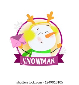 Festive greeting card with cartoon snowman. Drawing of snowman in mittens holding pink envelope in round purple frame on white background. Can be used for postcards, greeting cards,  leaflets