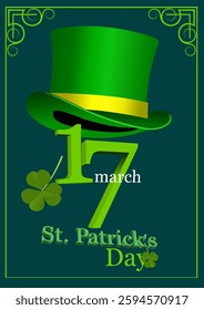 Festive greeting card commemorating saint patrick's day with green top hat, shamrocks, and date