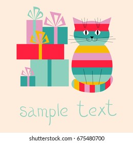 Festive greeting card with a cute cat and gifts
