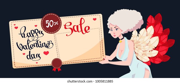 festive greeting card to the day of St. Valentine with a sweet girl Cupid. Discount coupon for shopping. Vector illustration