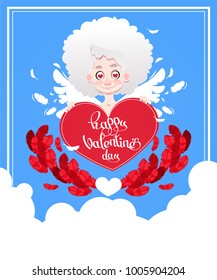 festive greeting card to the day of St. Valentine's Day with Cupid. Vector illustration