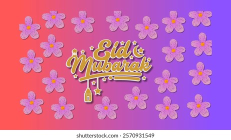 A festive greeting card design featuring 'Eid Mubarak' text, decorative stars, lanterns, and a vibrant floral background. Ideal for Eid celebrations, holiday wishes, and festive messages.Eid Mubarak 