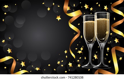 Festive greeting card design template with golden ribbons, champagne glasses, copy space vector illustration. Christmas, New Year, Anniversary, Wedding invitation, banner or flyer template