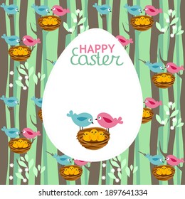 Festive greeting card with easter birds and spring trees