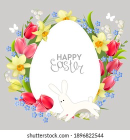 Festive greeting card with easter eggs and spring tulips