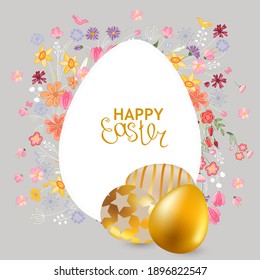 Festive greeting card with easter eggs and cute spring flowers