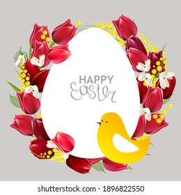 Festive greeting card with easter eggs and spring tulips