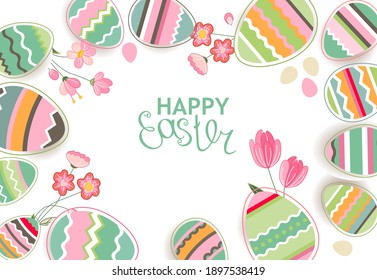 Festive greeting card with easter eggs and spring flowers