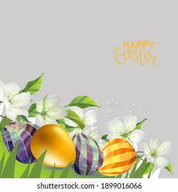Festliche Grußkarte mit Ostereiern und Frühlingsblumen