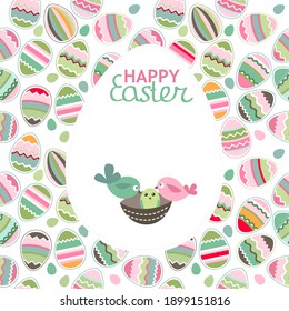 Festive greeting card with easter eggs and spring birds