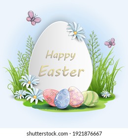 Festive greeting card with easter eggs, spring flowers and butterflies
