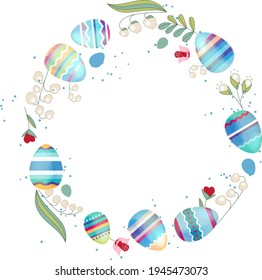 Festive greeting card with easter eggs and spring flowers. Easter floral template for your design.