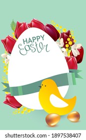 Festive greeting card with easter eggs,bird and spring flowers