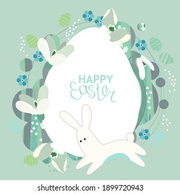 Festive greeting card with easter rabbit and spring cute flowers