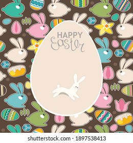 Tarjeta de saludo festivo con conejos de Pascua y flores de primavera
