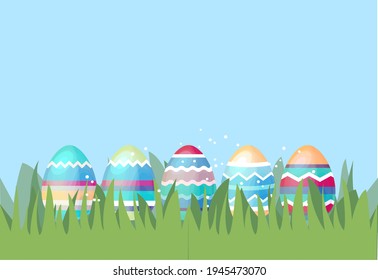 Festive greeting card with eggs and spring grass. Easter floral template for your design.